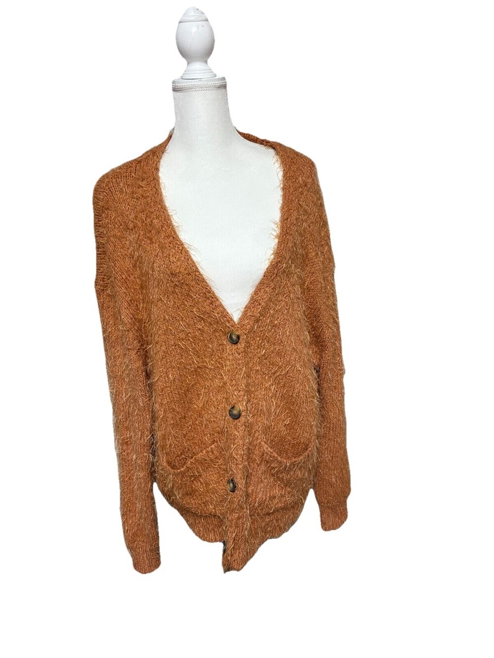 Free People Sweater Women Large Orange Nevermind Cardigan Oversized Fuzzy Knit